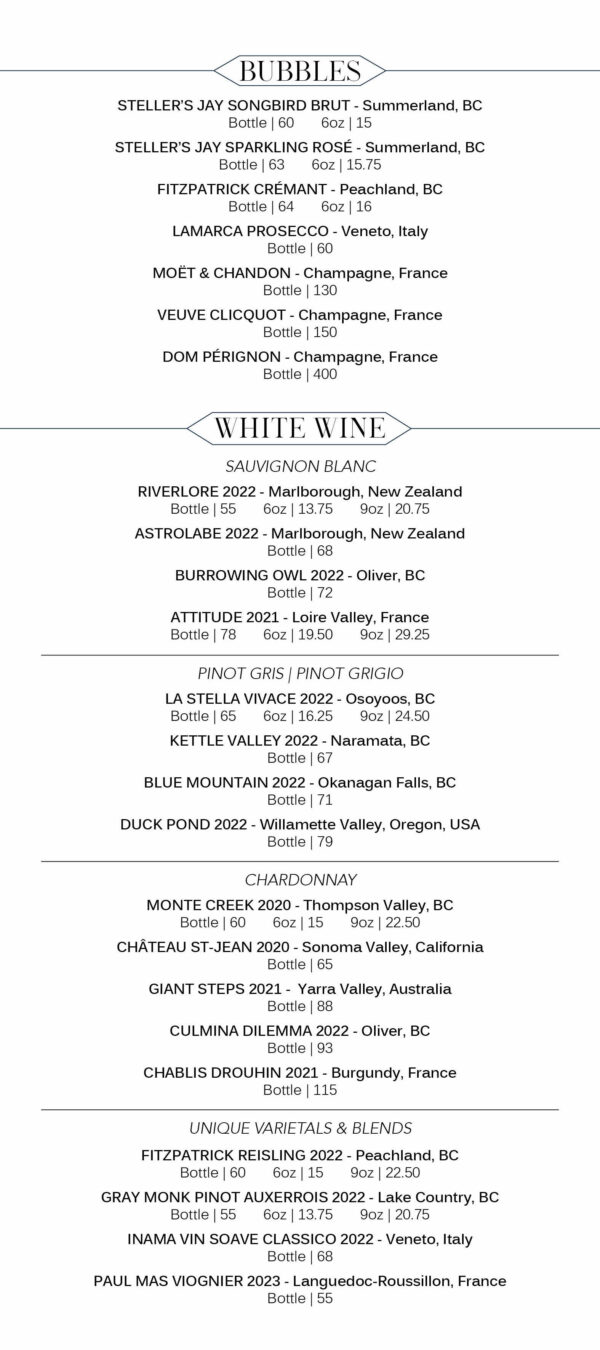 WINE LIST DOCKSIDE RESTAURANT VANCOUVER